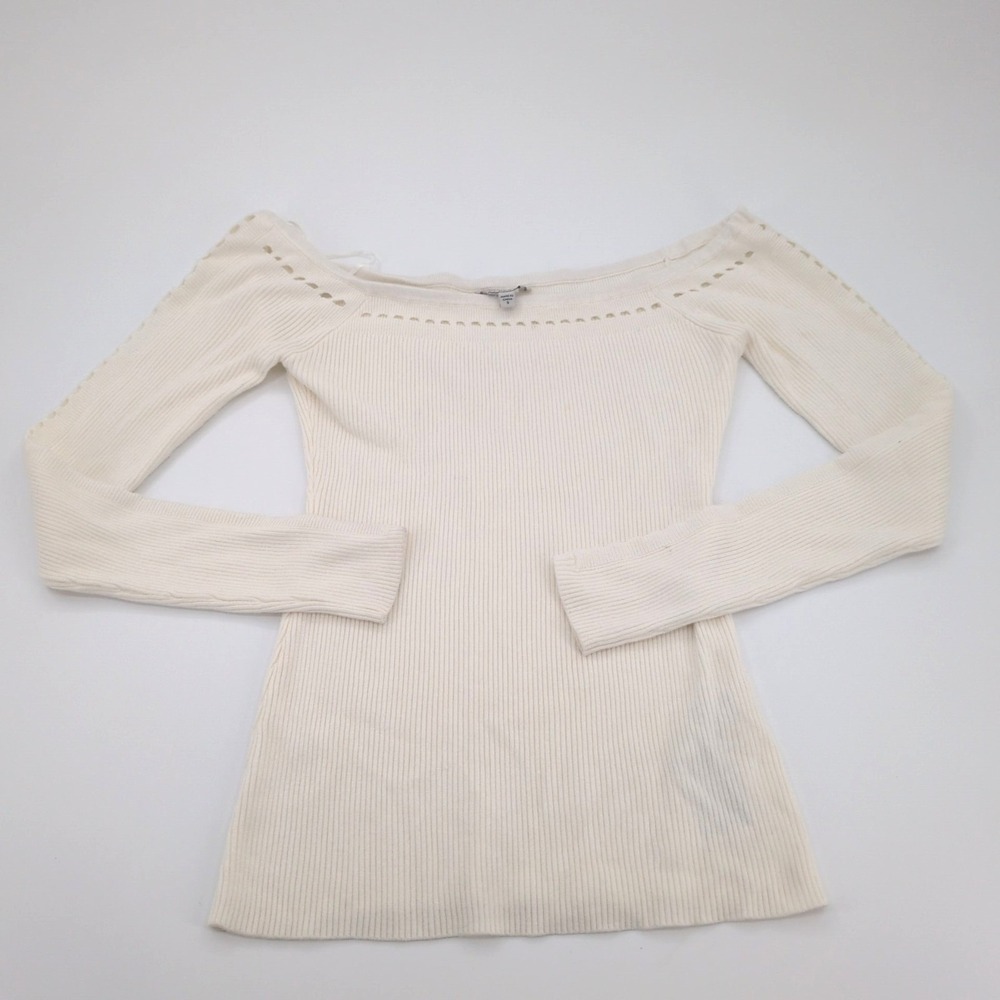 GUESS Women's Off-Shoulder Pointelle Ribbed Knit Sweater Cream White Size Small